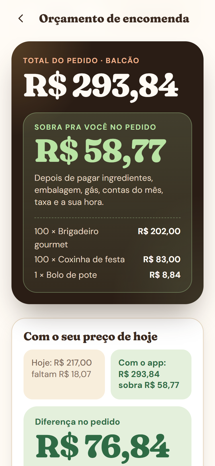 Tela Orçamento de encomenda do app: total do pedido no balcão, a sobra no pedido e as linhas de cada item.